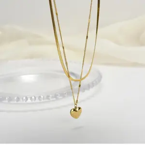 04-C8 Titanium Steel Double Layers Loving Heart Necklace