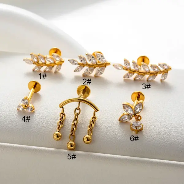 Wholesale 1 Piece Ear Cartilage Rings & Studs Simple Style Classic Style Leaves Chain Pure Titanium Inlay Zircon Ear Cartilage Rings & Studs