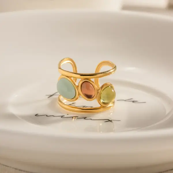 Wholesale Jewelry IG Style Retro Colorful 304 Stainless Steel Glass PVD Coated Plating Inlay Open Ring