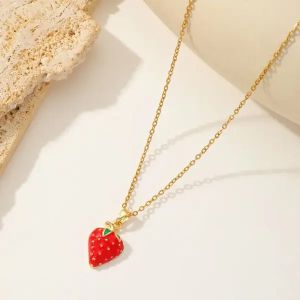 Wholesale Jewelry Cute Sweet Cherry Strawberry 304 Stainless Steel Copper Zircon 18K Gold Plated Enamel Inlay Pendant Necklace