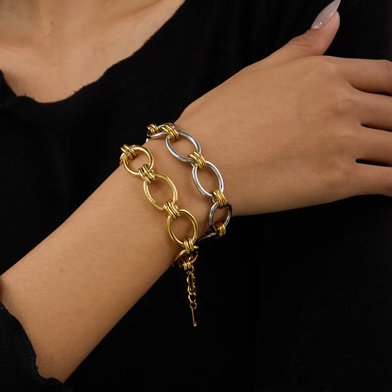 Wholesale Real Gold Plated 304 Stainless Steel PVD Coated Geometric Waterproof Non Tarnish Casual Beach Simple Style Cable Chain Chain Bracelet For Women's