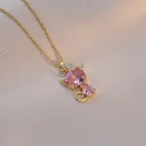 X1588 Gold Pink Diamond Cat Necklace
