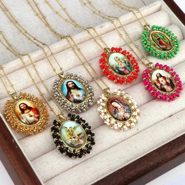 Wholesale Copper Inlay Human Geometric Seed Bead Pendant Necklace