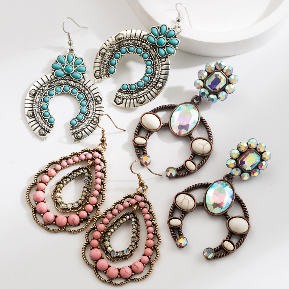 Wholesale Amazon Hot Selling Ethnic Style Earrings for Women Geometric op-Shaped Turquoise Earrings Bohemian Holiday Style Earrings