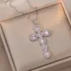 Wholesale Jewelry Shiny Cross Titanium Steel Zircon Inlay Pendant Necklace Cable Chain