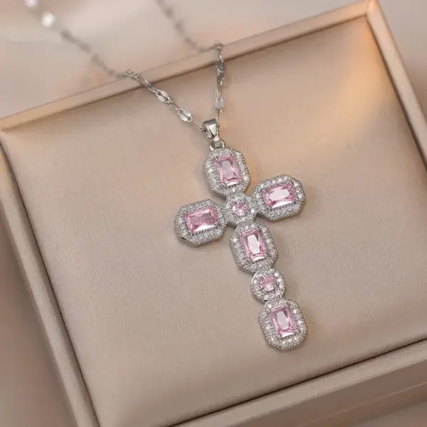 Wholesale Jewelry Shiny Cross Titanium Steel Zircon Inlay Pendant Necklace Cable Chain