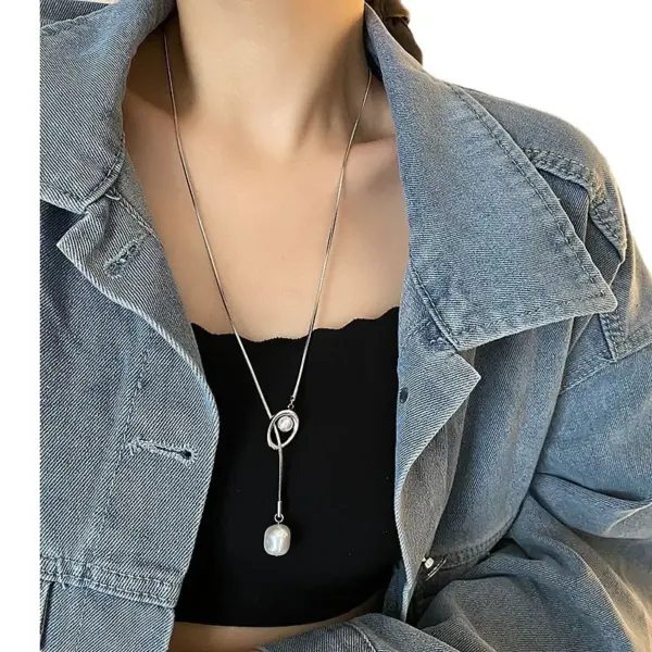 Stainless Steel Pearl Extender Chain Fashionable Simple Sweater Chain Clavicle Chain Pendant Trendy Geometric Pattern Titanium Steel Necklace For Women