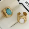 Wholesale Retro Oval Stainless Steel Turquoise Wide Band Rings In Bulk
