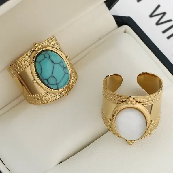 Wholesale Retro Oval Stainless Steel Turquoise Wide Band Rings In Bulk
