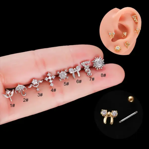 316L Stainless Steel Copper Zircon Ear Cartilage Rings & Studs Bow Knot Waterproof Non Tarnish Surgical Steel Women'S