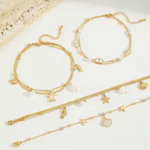 Wholesale Jewelry Casual Cute Beach Shell Fish 304 Stainless Steel Acrylic Imitation Pearl Zircon 18K Gold Plated Plating Inlay Anklet