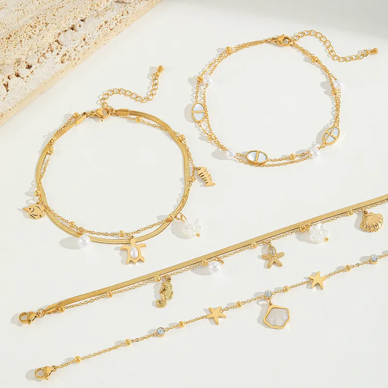 Wholesale Jewelry Casual Cute Beach Shell Fish 304 Stainless Steel Acrylic Imitation Pearl Zircon 18K Gold Plated Plating Inlay Anklet