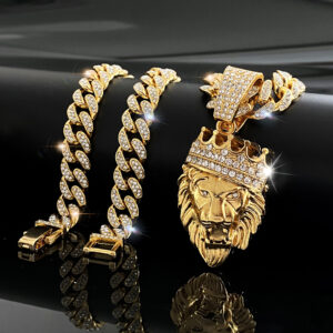 Wholesale Crown Lion Head Alloy Pendant Hip Hop Full Diamond Cuban Chain