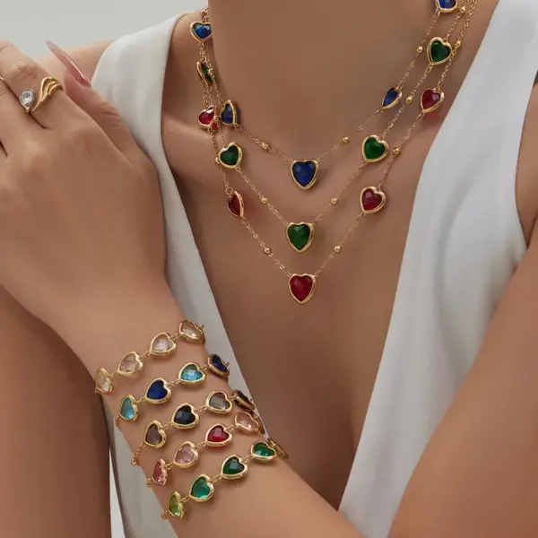 Wholesale 304 Stainless Steel Heart Glass Stone Zircon Earrings Heart Multicolor Vacuum Plating Chain Necklace Bracelet