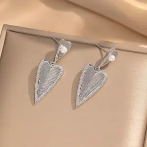 243 Steel Color Double Hanging Love Heart Earrings