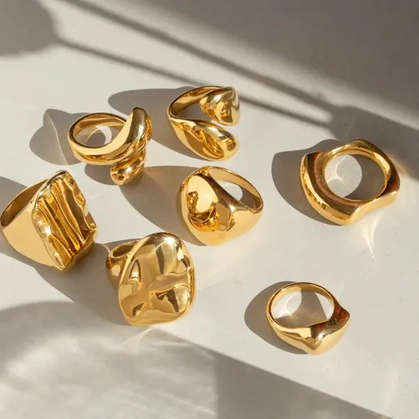 Wholesale 304 Stainless Steel Water Droplets Solid Color PVD Coated 18K Real Gold Plated Real Gold Plated Vacation Simple Style IG Style Waterproof Non Tarnish Asymmetrical Gold Open Rings Rings