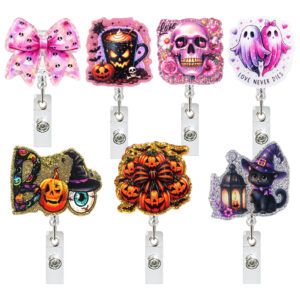 Wholesale Halloween Pumpkin Bow Ghost Black Cat Easy Pull Buckle Telescopic Rotating Doctor Nurse Telescopic Id Buckle Badge