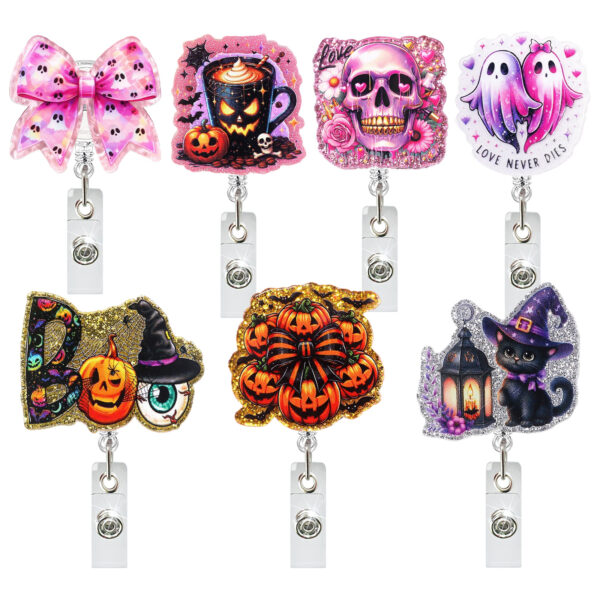 Wholesale Halloween Pumpkin Bow Ghost Black Cat Easy Pull Buckle Telescopic Rotating Doctor Nurse Telescopic Id Buckle Badge