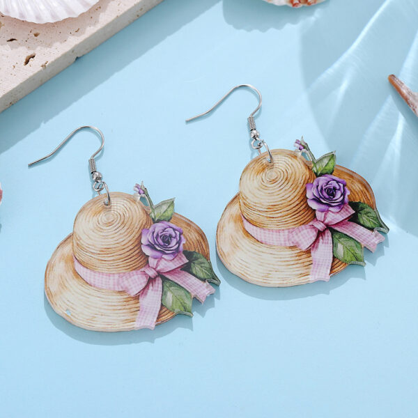 Wholesale Pink Bow Flower Straw Hat Acrylic Pendant Earrings