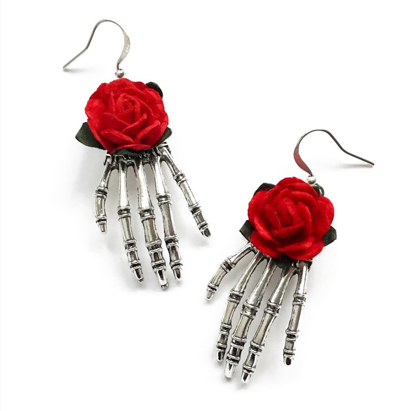 Wholesale Hot Gothic Earrings, Skeleton Hand, Red Rose, Antique sier Handmade Earrings Factory Direct Sale
