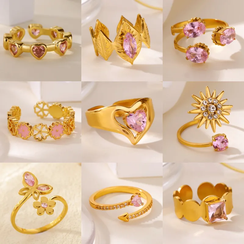 18K Gold Plated 304 Stainless Steel Vacuum Electroplating (In Furnace) Zircon Heart-shaped Flower Medical Steel Hyallergenic Open Ring Beautiful Ring Valentine's Day Gift Jewelry
