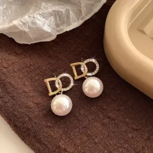 36-Gold Diamond D-Shaped Pearl Stud Earrings