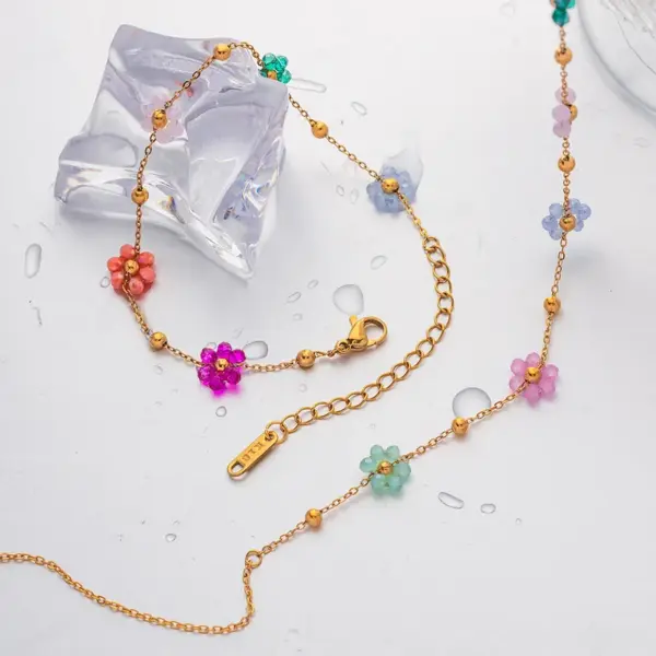 Wholesale Jewelry IG Style Sweet Flower 304 Stainless Steel 18K Gold Plated PVD Coated Beaded Bracelets