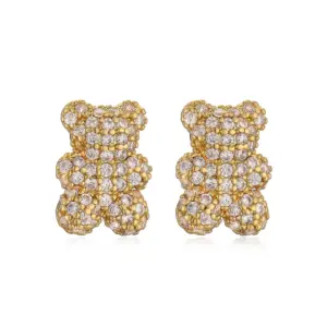 Golden White Diamond Bear Ear Studs 1 Pair