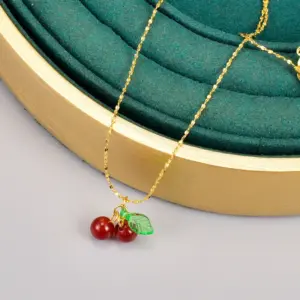 304 Stainless Steel Cherry PVD Coated Artificial Crystal 18K Real Gold Plated Simple Style Waterproof Non Tarnish Gold Plated Pendant Necklace