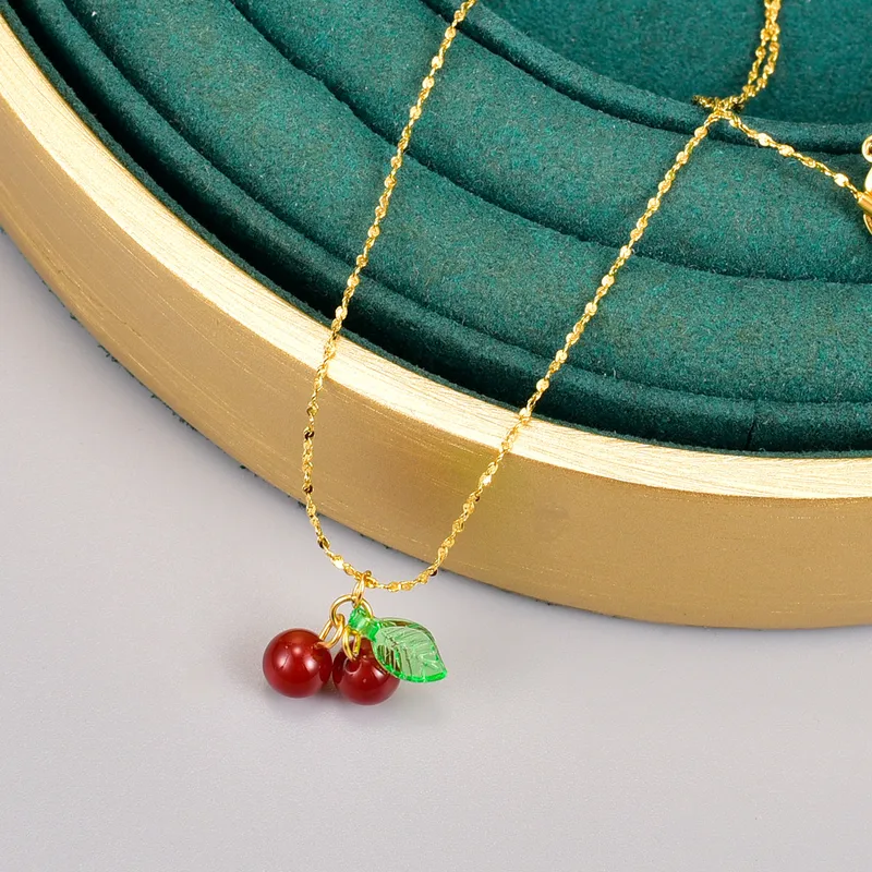 Wholesale 304 Stainless Steel Cherry PVD Coated Artificial Crystal 18K Real Gold Plated Simple Style Waterproof Non Tarnish Gold Plated Pendant Neckla