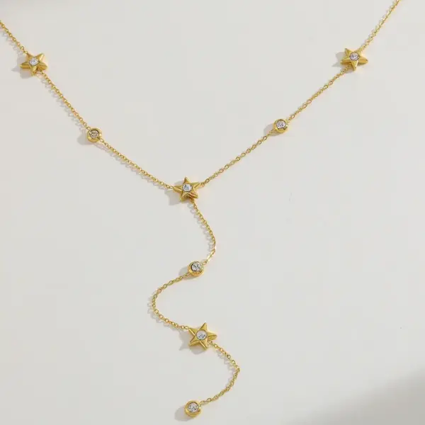 Geometric Star Stainless Steel 18K Gold Plated Zirconia Multi-Pendent Necklace Dual-Layer Bracelet Jewelry Set For Women