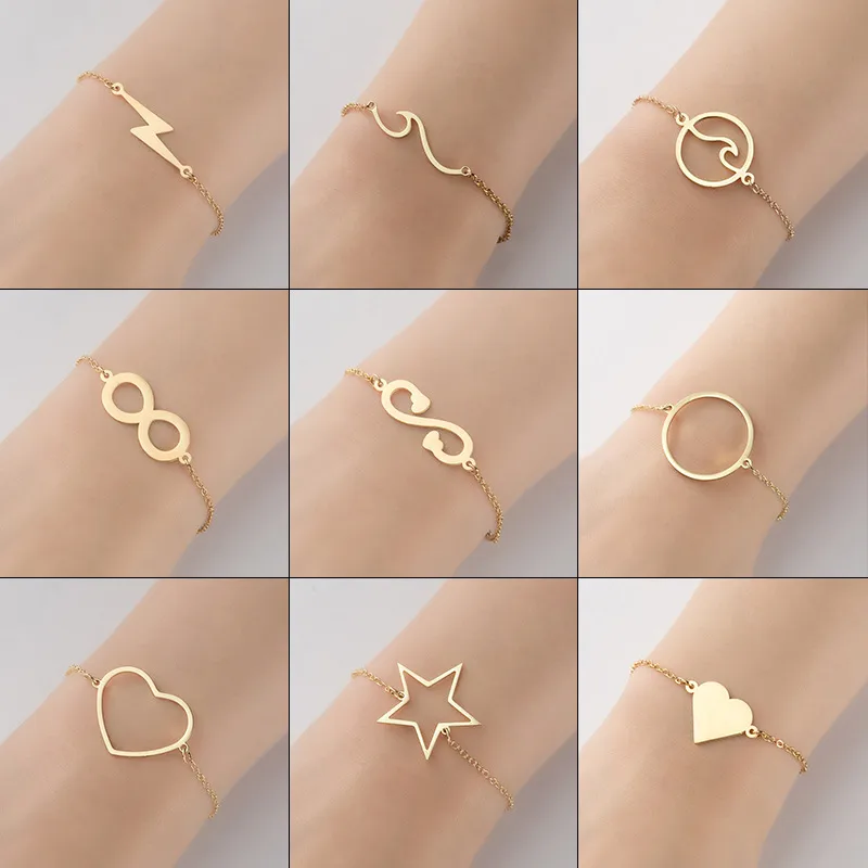 Wholesale PVD Coated 18K Gold Real Gold Plated Star Heart Shape Lightning 201 Stainless Steel Fashion Waterproof Non Tarnish 201 Stainless Steel Brace