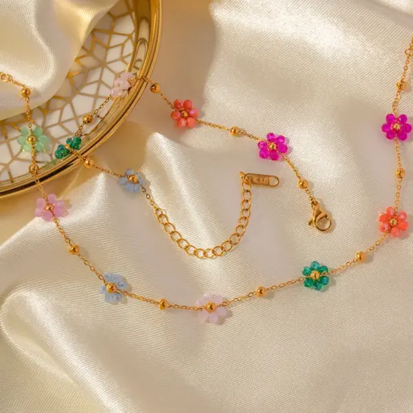 Wholesale Jewelry IG Style Sweet Flower 304 Stainless Steel 18K Gold Plated PVD Coated Beaded Bracelets