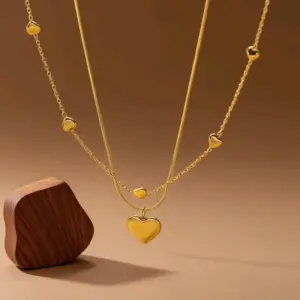 X0341-Double Layer Big and Small Heart Necklace- Gold