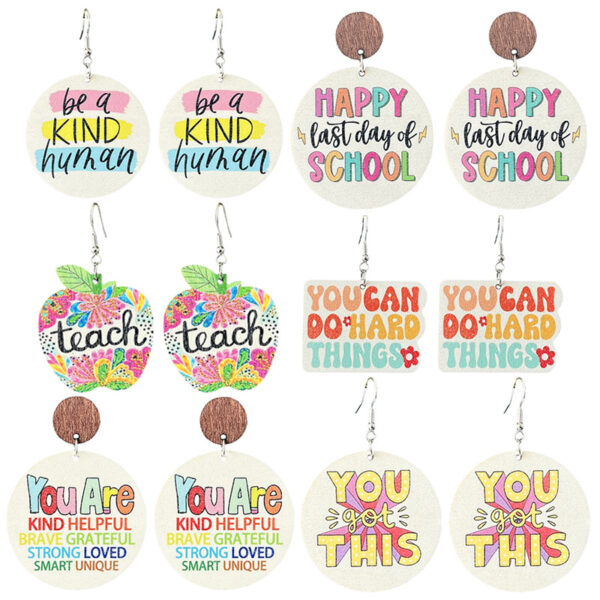 Wholesale Amazon Cross-border Source Teachers Thank Zhou School for Theme Textual Wood Earrings Graduation Season Text Earrings