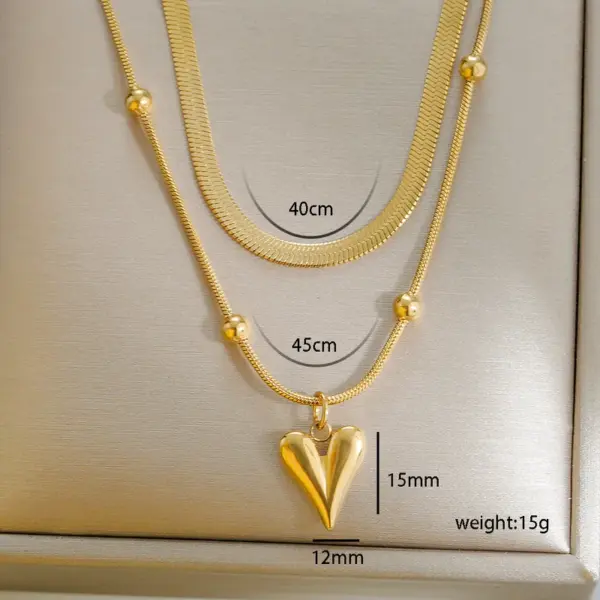 Ion Plating (IP) Heart Shape 304 Stainless Steel Basic Waterproof Non Tarnish 304 Stainless Steel Double Layer Necklaces
