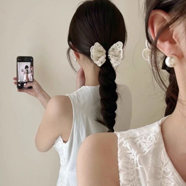 Wholesale Sweet Bow Thousand Gold Hair Ring Lace Double Gentle Korean Style Rubber Tendon Fashion Embroidered Vintage Hair Rope Elegant