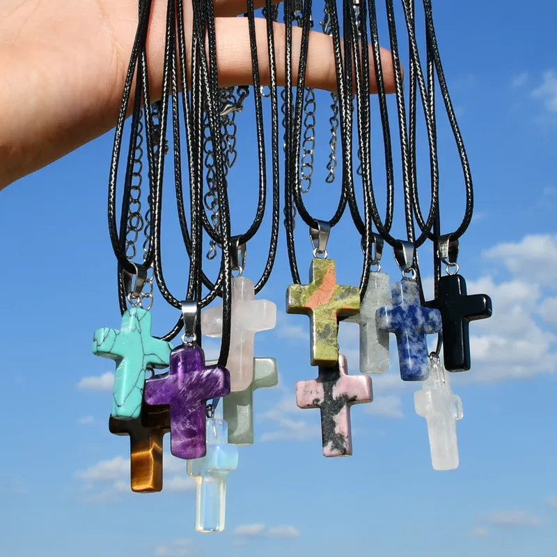 Wholesale Casual Cross Alloy Natural Stone Pendant Necklace In Bulk