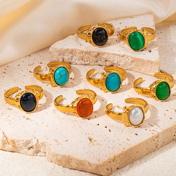 Wholesale French High-End Titanium Steel Ring Multi-Color Natural Stone Retro Elegant Stainless Steel Live Mouth Adjustable Ring for Women