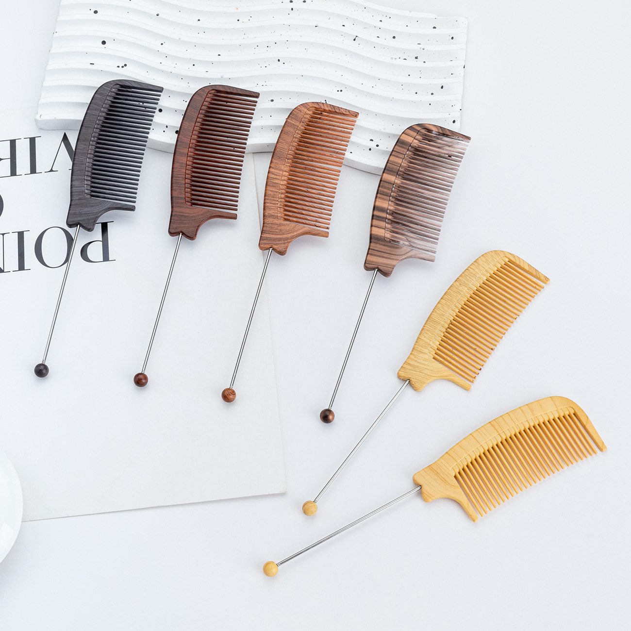 Wholesale Manufacturer Wholesale DIY Beaded Wood Grain Comb Hairessing Highlight Comb Beauty Styling Comb Steel Needle Comb Plastic inted Tail Comb