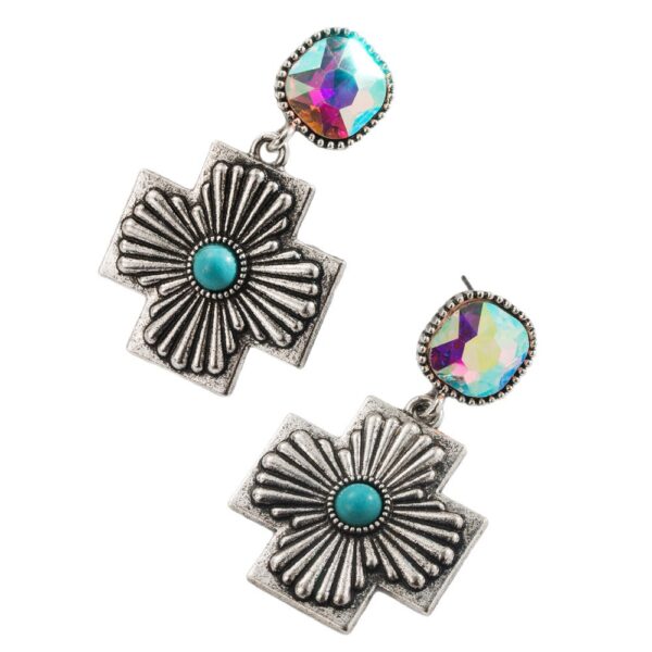 Wholesale Fashion New Western Style Diamond-encrusted Turquoise Water Drop Cross Earrings Retro Creative Distinctive Exaggerated Earrings for Women