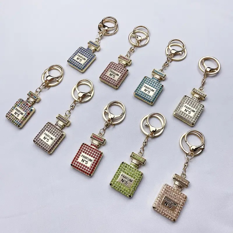 Wholesale Diamond-Encrusted Perfume Bottle Aessory Temu Gift Car Key Amazon Cross-Border Metal Keychain Key Pendant for Festivals