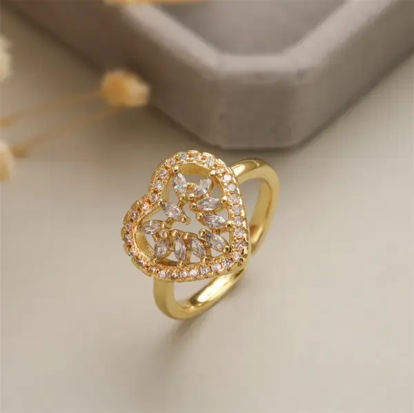Wholesale Retro Oval Waves Heart Shape Copper Gold Plated Zircon Open Rings In Bulk