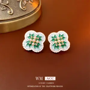 38# Silver Stud Rhinestone-Encrusted Pearl Oil-Spot Glaze Flowers Stud Earrings