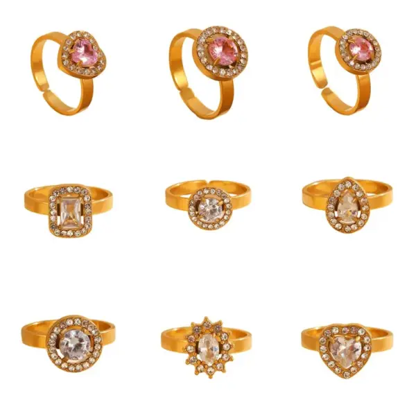 Wholesale Adjustable Open Stainless Steel Ring Geometric Heart Waterdrop Design White Pink Zirconia Embedded Fashionable Unisex Ring