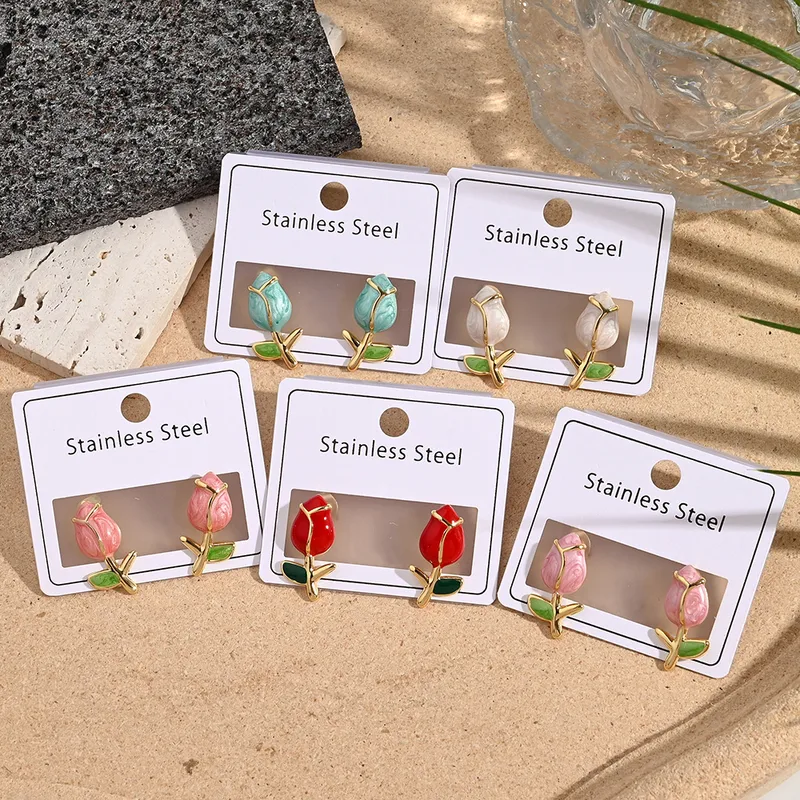 Wholesale Rose Shaped Earrings Color Retention Electroplating ip Oil Floral Stud Earrings For Women Casual Holiday Style All Seasons