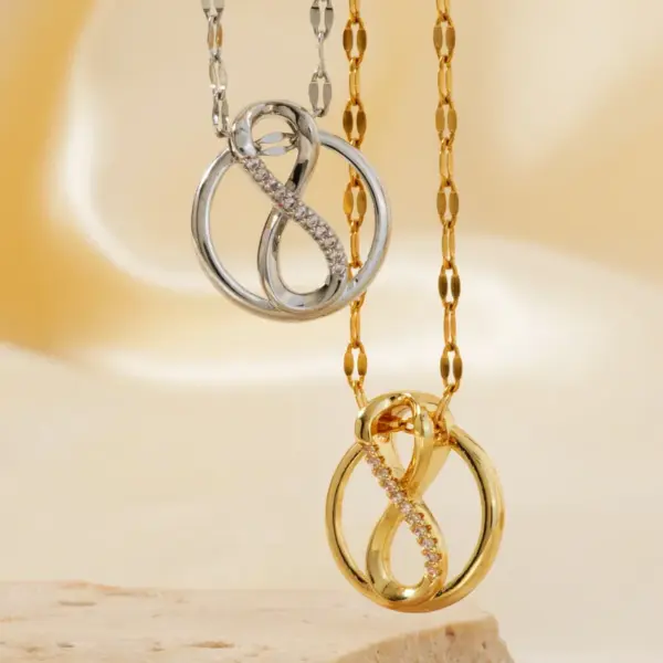 Wholesale 304 Stainless Steel Copper K Gold Plated Rhodium Plated Plating Inlay Circle Infinity Zircon Pendant Necklace