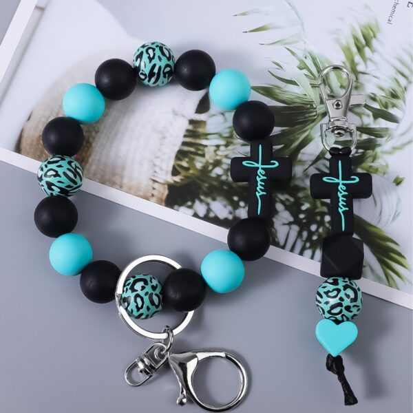 Wholesale Cross Silicone Leopard Print Wooden Bead Keychain