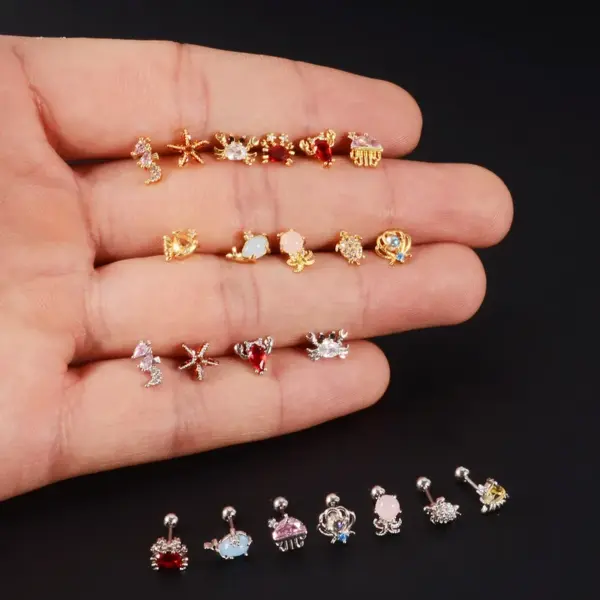 Wholesale 1 Piece Retro Starfish Crab Stainless Steel Copper Inlay Zircon Ear Studs