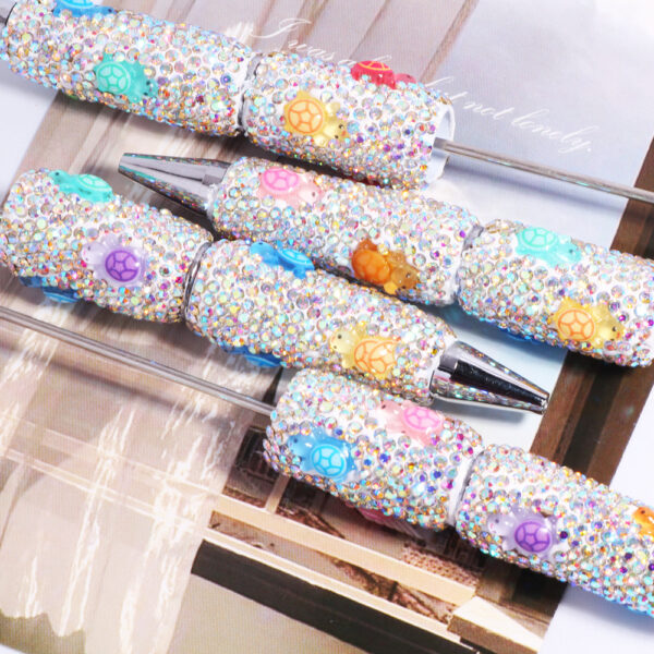 Wholesale Cross-Border New Cute Colorfulful Little Turtle Full of Diamonds Loose Beads Beaded Pen DIY Bead Ballpoint Pen Jewelry Accessories